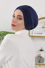 Pleated Instant Turban Hijab for Women, Soft Double Face Fabric Ready to Wear Modest Head Cover,B-19O Navy Blue