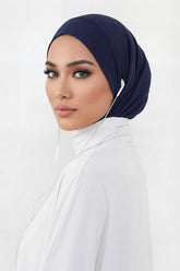 Practical Cotton Bonnet with Built-In Neck Cover and Ear Access, Full-Coverage Hijab Bonnet with Ear Access Points,BE-TG-B-94 Navy Blue