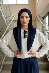 Pre-Styled Draped Jersey Hijab - Non-Slip, Breathable & Comfortable Ready-to-Wear Shawl,CPS-95 Navy Blue