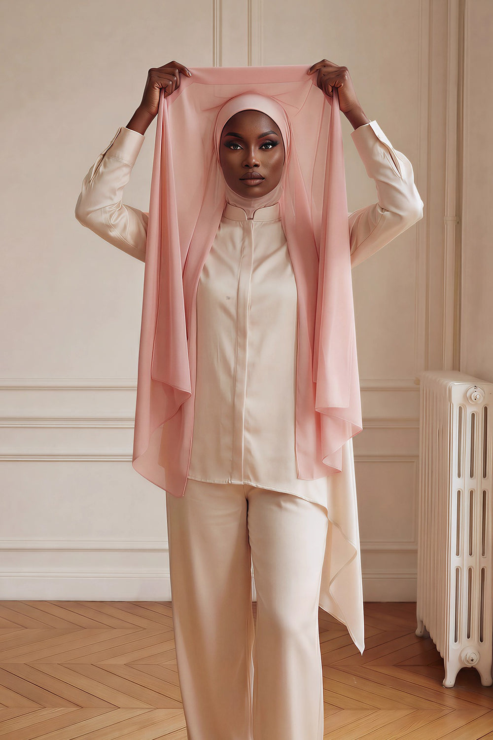 Ready to Wear One-Piece Chiffon Shawl Hijab with Built-In Cotton Undercap, Easy Modest Scarf for Women,PS-53 Powder