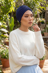 Shirred Elegance Head Turban For Women Fashion Instant Turban Shirred Head Scarf, Plain & Comfortable Stylish Bonnet Cap for Women,B-13 Navy Blue