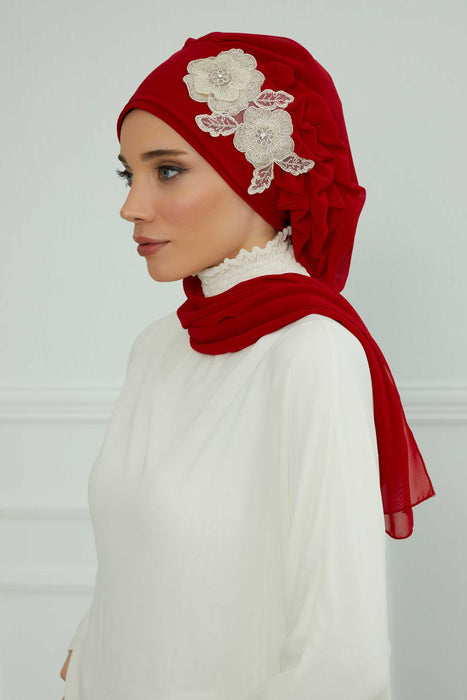 Side Frilled Instant Turban Chiffon Scarf Head Turbans with Unique Flower Accessory For Women Headwear Stylish Elegant Design,HT-102