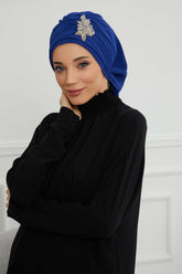 Side Frilled Instant Turban Chiffon Scarf Head Turbans with Unique Jewellery Stone Accessory For Women Headwear Stylish Design,HT-105 Sax Blue