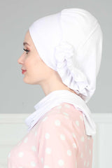 Side Frilled Instant Turban Cotton Headscarf for Women Turban Gift with Beautiful Design, Easy to Wear Muslim Ruffled Headscarf Cover,HT-73 White