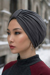 Stretchy All Season Turban Underscarf with Twist Front Design, Ready to Wear Women Bonnet for Daily Modest Wear,B-68O Anthracite