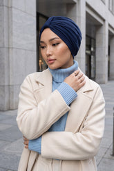 Stretchy All Season Turban Underscarf with Twist Front Design, Ready to Wear Women Bonnet for Daily Modest Wear,B-68O Navy Blue