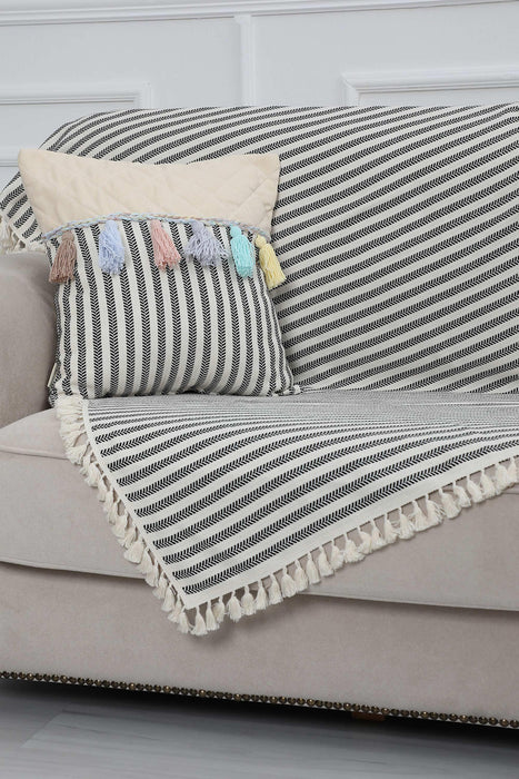 Chic Striped Cotton Sofa Shawl Blanket with Beautiful Tassels, Cozy Home Accent Sofa Throw, Elegant Couch Throw with Stripes and Fringe,KS-2