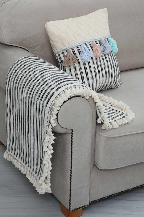 Chic Striped Cotton Sofa Shawl Blanket with Beautiful Tassels, Cozy Home Accent Sofa Throw, Elegant Couch Throw with Stripes and Fringe,KS-2