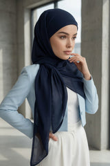 Tie-Back Chiffon Shawl Hijab with Built-In Jersey Underscarf, Non-Slip Ready-to-Wear Chiffon Hijab,PS-61 Navy Blue