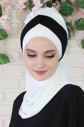 Two Colors Instant Turban Lightweight Multicolor Chiffon Scarf Head Turbans For Women Headwear Stylish Elegant Design,HT-46 White - Black