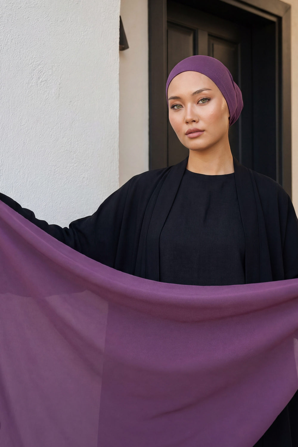 Two Piece Crepe Hijab Set with Cotton Bonnet, Lightweight Modest Scarf and Undercap Combo for Women,PS-50 Purple