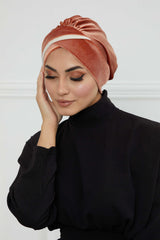 Velvet Two Colors Instant Turban Hijab for Women, Super Soft and Stylish Head Cover, Easy to Wear Velvet Chemo Headwear for Women,B-23K Salmon-Ivory