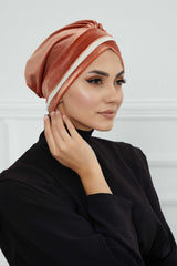 Velvet Two Colors Instant Turban Hijab for Women, Super Soft and Stylish Head Cover, Easy to Wear Velvet Chemo Headwear for Women,B-23K Salmon-Ivory