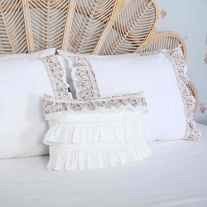 1-Pack Farmhouse Floral Design Pillowcases with Lace Ruffles Colorful Flowers Print Frilled Trimmed Pillow Covers Envelope,YK-116T,YK-116T Off-White - Pattern 1