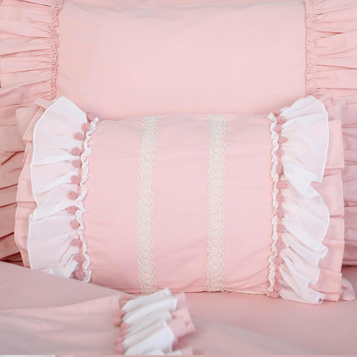 1-Pack Trimmed and Frilled Pillowcases with Lace Ruffles and Pom-poms Elegant Style Pillow Covers Envelope Closure Cotton Fabric,YK-119T