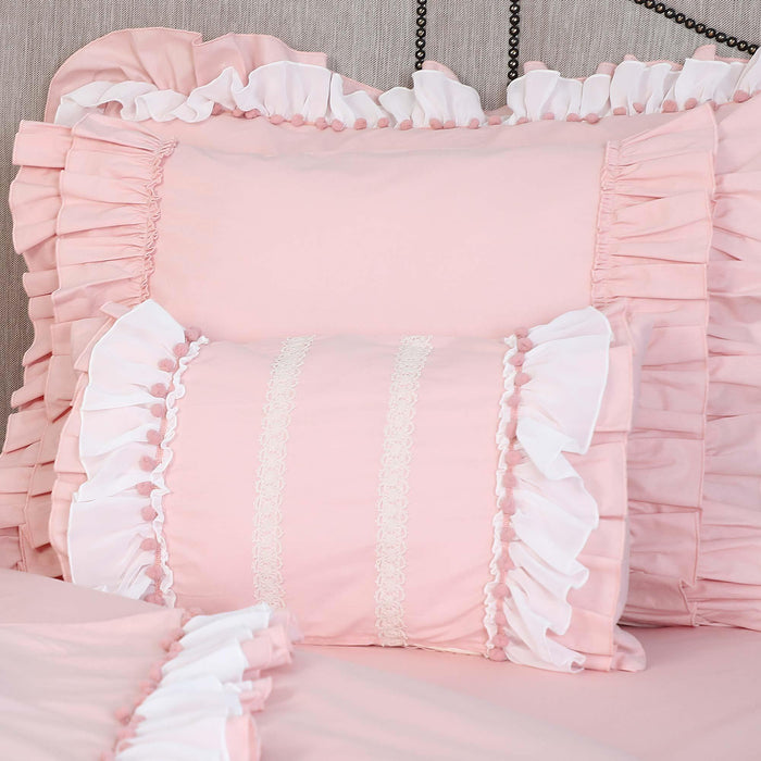1-Pack Trimmed and Frilled Pillowcases with Lace Ruffles and Pom-poms Elegant Style Pillow Covers Envelope Closure Cotton Fabric,YK-119T