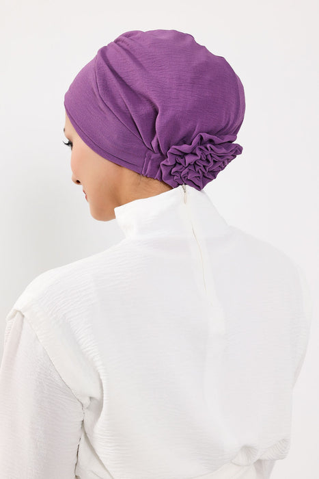 Pre-Tied Aerobin Turban Bonnet Cap with Rose Figure at the Back Side, Lightweight Instant Turban Bonnet, Velvet Chemo Headwear,B-53A