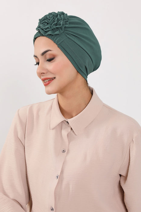 Pre-Tied Aerobin Turban Bonnet Cap with Rose Figure at the Back Side, Lightweight Instant Turban Bonnet, Velvet Chemo Headwear,B-53A