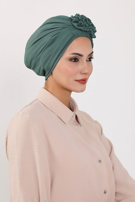 Pre-Tied Aerobin Turban Bonnet Cap with Rose Figure at the Back Side, Lightweight Instant Turban Bonnet, Velvet Chemo Headwear,B-53A