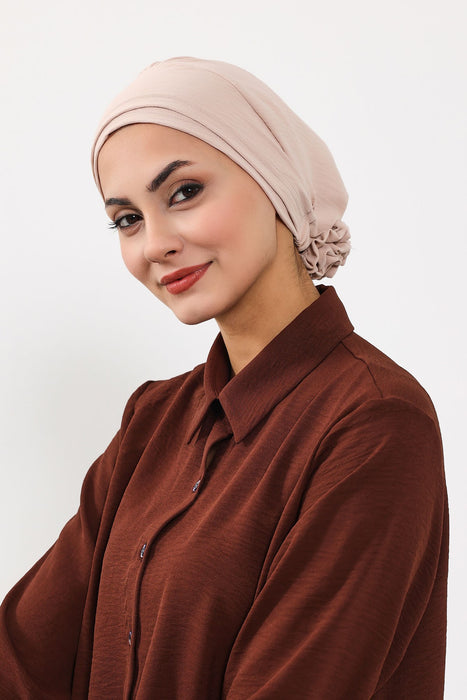 Pre-Tied Aerobin Turban Bonnet Cap with Rose Figure at the Back Side, Lightweight Instant Turban Bonnet, Velvet Chemo Headwear,B-53A