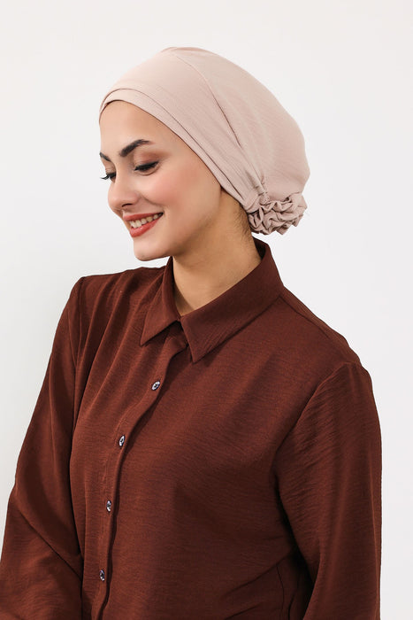 Pre-Tied Aerobin Turban Bonnet Cap with Rose Figure at the Back Side, Lightweight Instant Turban Bonnet, Velvet Chemo Headwear,B-53A