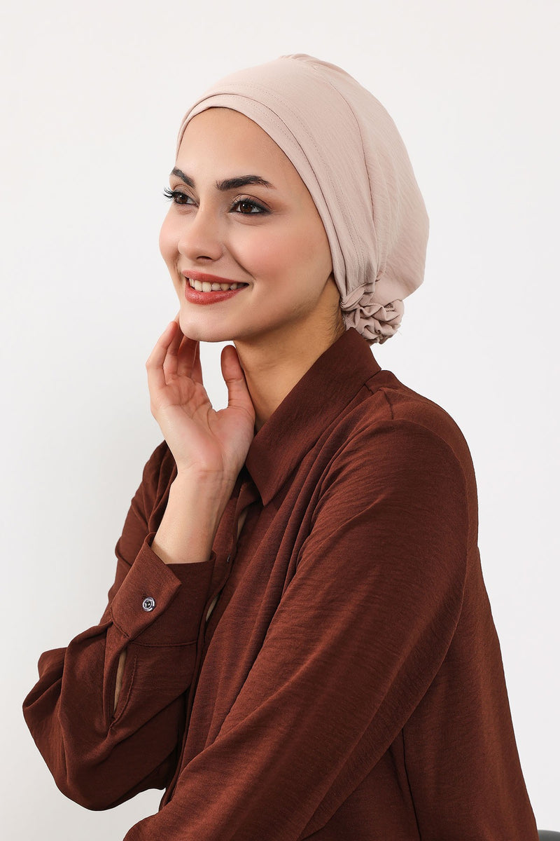 Pre-Tied Aerobin Hijab Cap with Back Rose Detail, Lightweight Instant Turban Bonnet for Women,B-53A