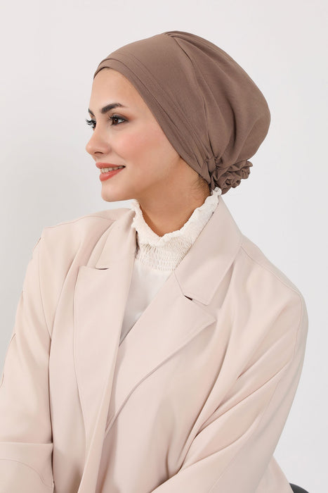 Pre-Tied Aerobin Turban Bonnet Cap with Rose Figure at the Back Side, Lightweight Instant Turban Bonnet, Velvet Chemo Headwear,B-53A