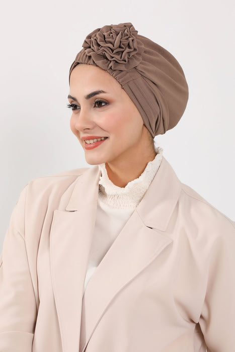 Pre-Tied Aerobin Turban Bonnet Cap with Rose Figure at the Back Side, Lightweight Instant Turban Bonnet, Velvet Chemo Headwear,B-53A