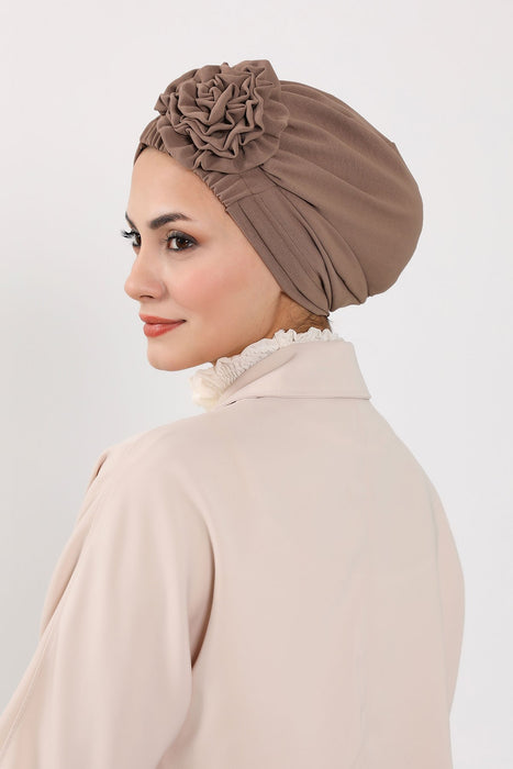 Pre-Tied Aerobin Turban Bonnet Cap with Rose Figure at the Back Side, Lightweight Instant Turban Bonnet, Velvet Chemo Headwear,B-53A