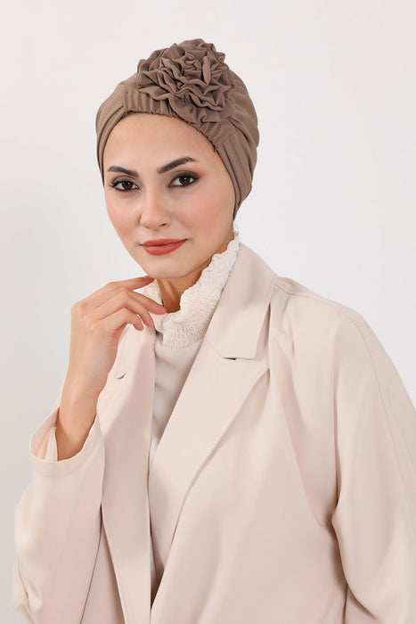 Pre-Tied Aerobin Turban Bonnet Cap with Rose Figure at the Back Side, Lightweight Instant Turban Bonnet, Velvet Chemo Headwear,B-53A