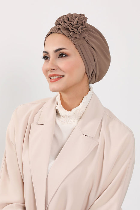 Pre-Tied Aerobin Turban Bonnet Cap with Rose Figure at the Back Side, Lightweight Instant Turban Bonnet, Velvet Chemo Headwear,B-53A