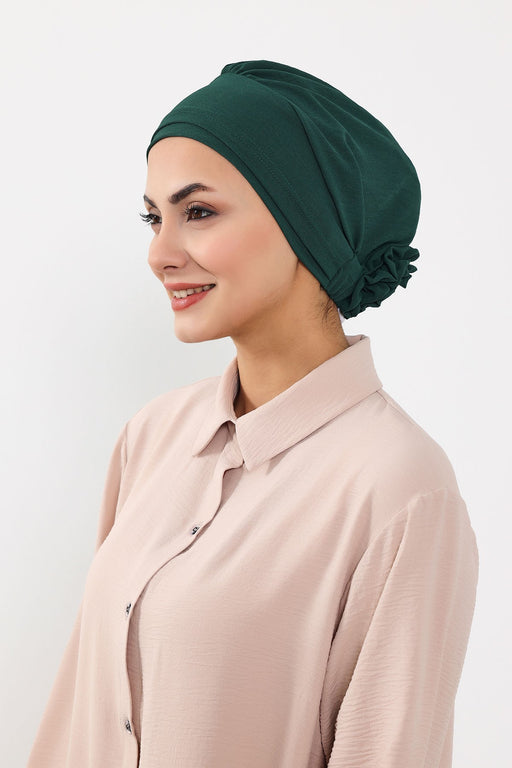 Pre-Tied Aerobin Hijab Cap with Back Rose Detail, Lightweight Instant Turban Bonnet for Women,B-53A Dark Green