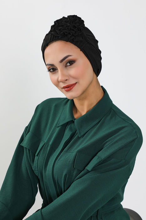 Pre-Tied Aerobin Turban Bonnet Cap with Rose Figure at the Back Side, Lightweight Instant Turban Bonnet, Velvet Chemo Headwear,B-53A