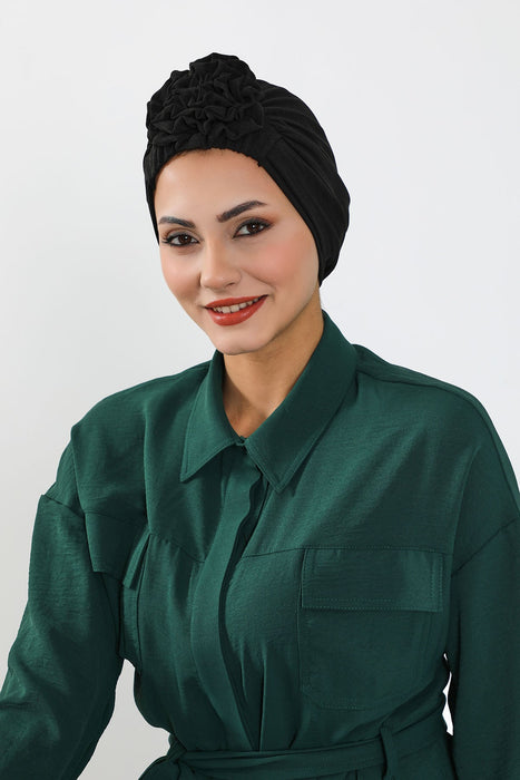 Pre-Tied Aerobin Turban Bonnet Cap with Rose Figure at the Back Side, Lightweight Instant Turban Bonnet, Velvet Chemo Headwear,B-53A