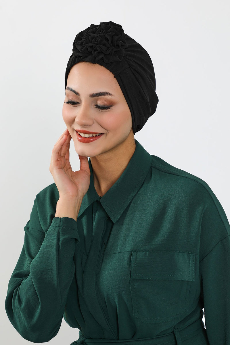 Pre-Tied Aerobin Hijab Cap with Back Rose Detail, Lightweight Instant Turban Bonnet for Women,B-53A