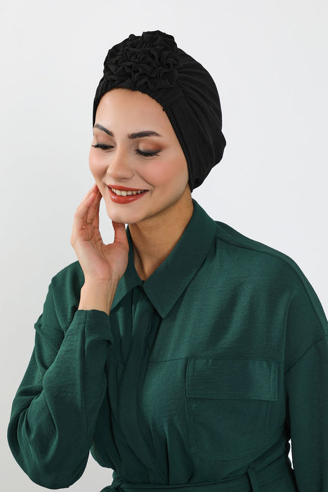 Pre-Tied Aerobin Turban Bonnet Cap with Rose Figure at the Back Side, Lightweight Instant Turban Bonnet, Velvet Chemo Headwear,B-53A