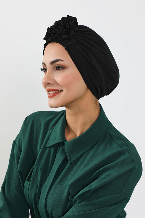 Pre-Tied Aerobin Turban Bonnet Cap with Rose Figure at the Back Side, Lightweight Instant Turban Bonnet, Velvet Chemo Headwear,B-53A