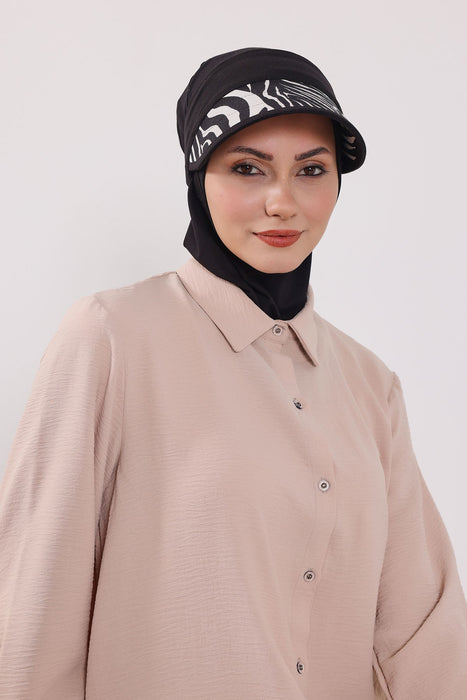 2-in-1 Hijab Bonnet with Removable Printed Visor, Detachable Visor Ninja Undercap Hijab Bonnet with Patterned Brim,B-91D
