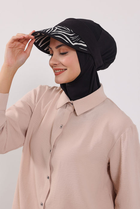 2-in-1 Hijab Bonnet with Removable Printed Visor, Detachable Visor Ninja Undercap Hijab Bonnet with Patterned Brim,B-91D