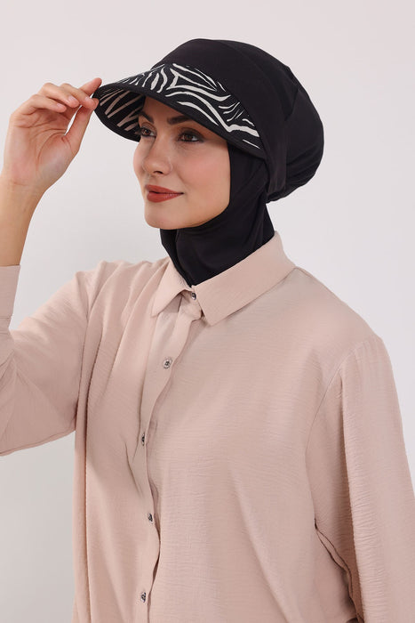 2-in-1 Hijab Bonnet with Removable Printed Visor, Detachable Visor Ninja Undercap Hijab Bonnet with Patterned Brim,B-91D