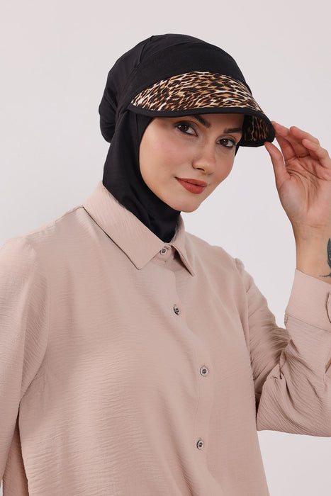 2-in-1 Hijab Bonnet with Removable Printed Visor, Detachable Visor Ninja Undercap Hijab Bonnet with Patterned Brim,B-91D