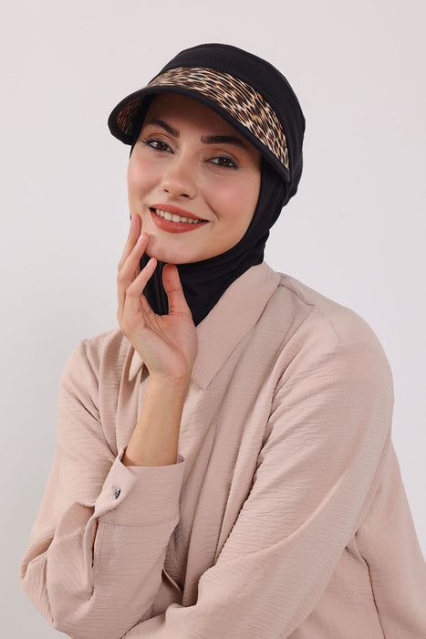 2-in-1 Hijab Bonnet with Removable Printed Visor, Detachable Visor Ninja Undercap Hijab Bonnet with Patterned Brim,B-91D