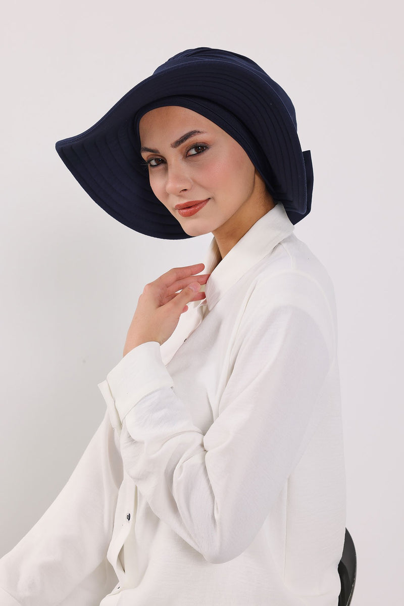 Modest Sun Protective Turban Bonnet with Removable Bow Brim for Women, 2-in-1 Hijab Hat with Removable Brim,S-4