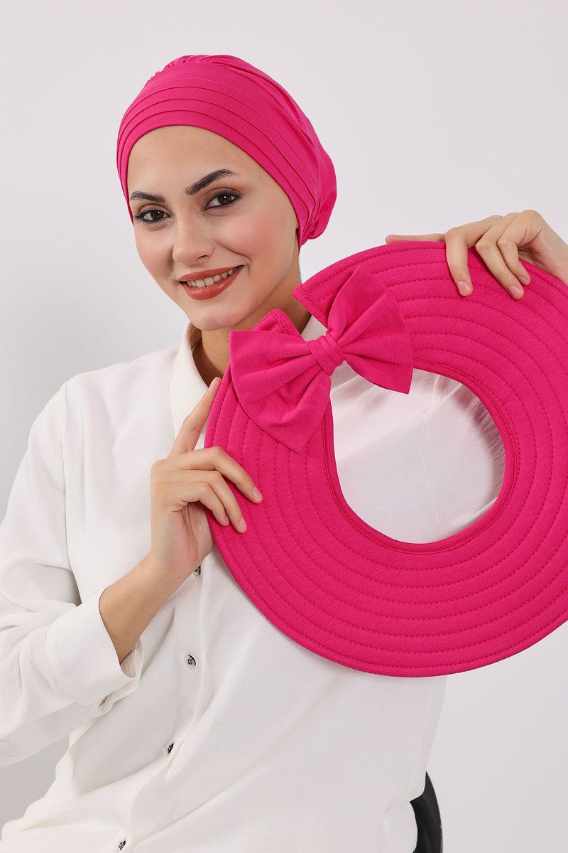 Modest Sun Protective Turban Bonnet with Removable Bow Brim for Women, 2-in-1 Hijab Hat with Removable Brim,S-4