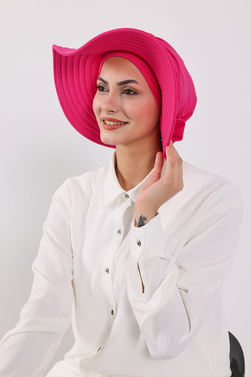Modest Sun Protective Turban Bonnet with Removable Bow Brim for Women, 2-in-1 Hijab Hat with Removable Brim,S-4