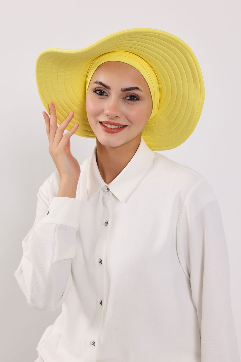 Modest Sun Protective Turban Bonnet with Removable Bow Brim for Women, 2-in-1 Hijab Hat with Removable Brim,S-4