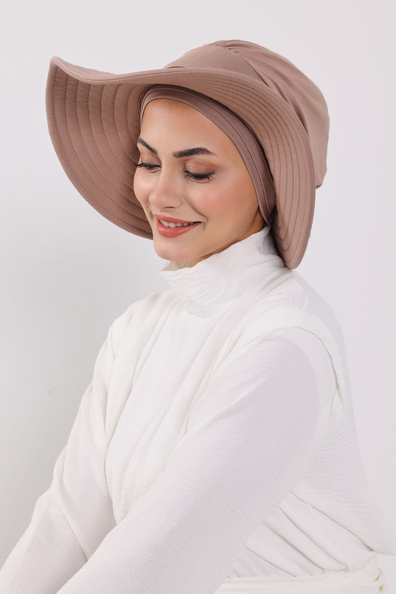 Modest Sun Protective Turban Bonnet with Removable Bow Brim for Women, 2-in-1 Hijab Hat with Removable Brim,S-4