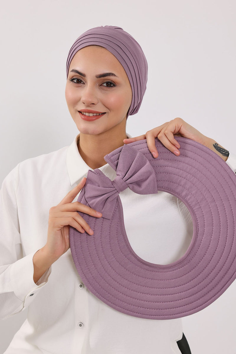 Modest Sun Protective Turban Bonnet with Removable Bow Brim for Women, 2-in-1 Hijab Hat with Removable Brim,S-4