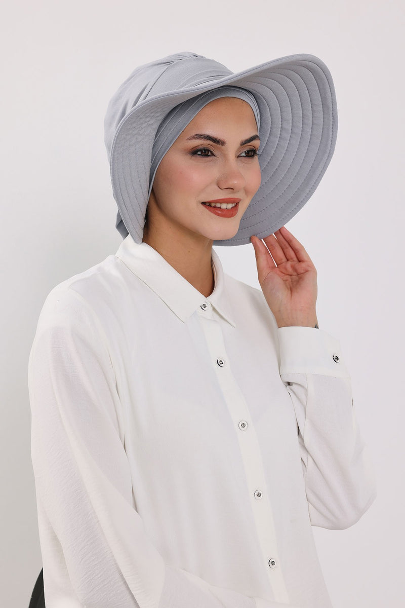 Modest Sun Protective Turban Bonnet with Removable Bow Brim for Women, 2-in-1 Hijab Hat with Removable Brim,S-4