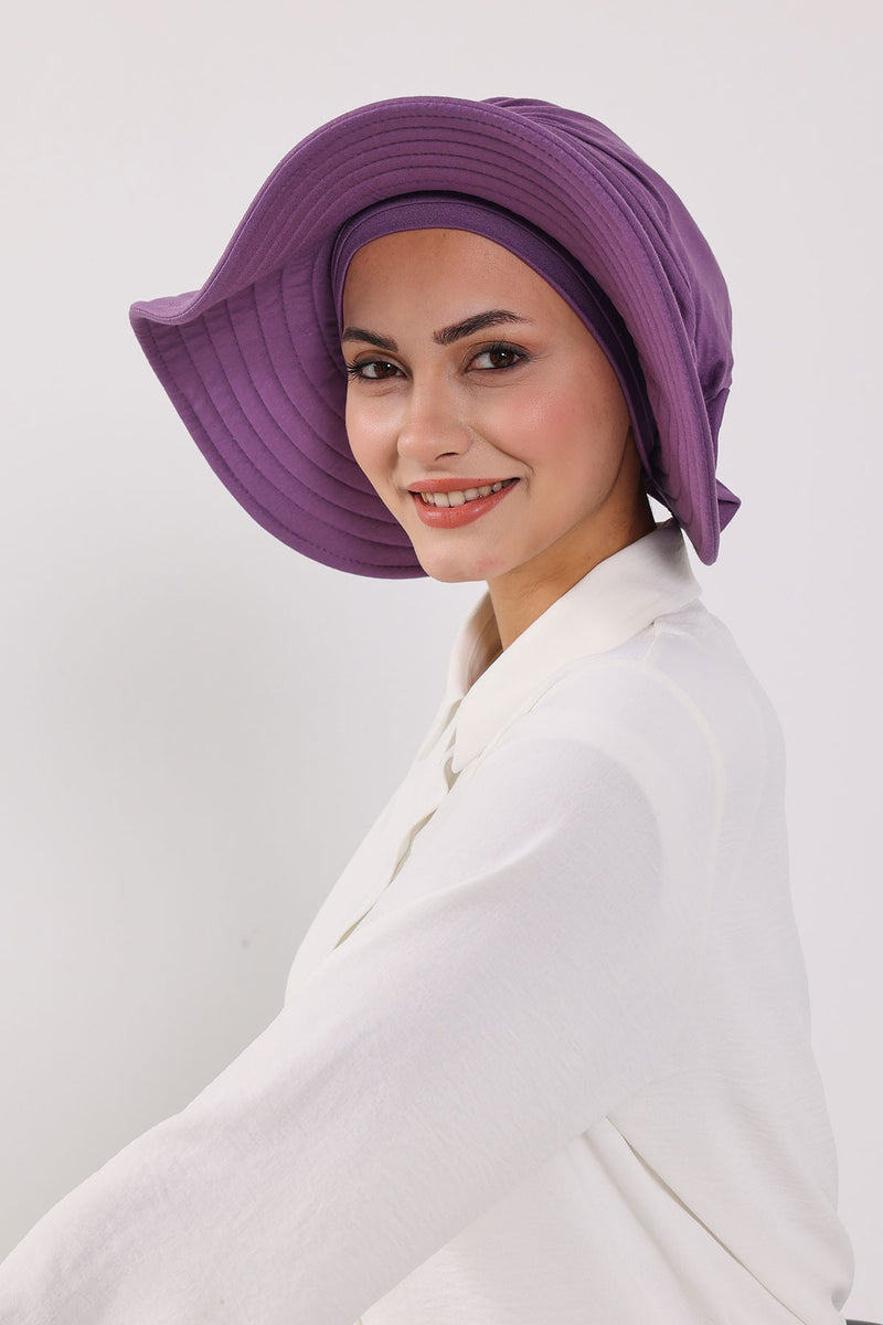 Modest Sun Protective Turban Bonnet with Removable Bow Brim for Women, 2-in-1 Hijab Hat with Removable Brim,S-4